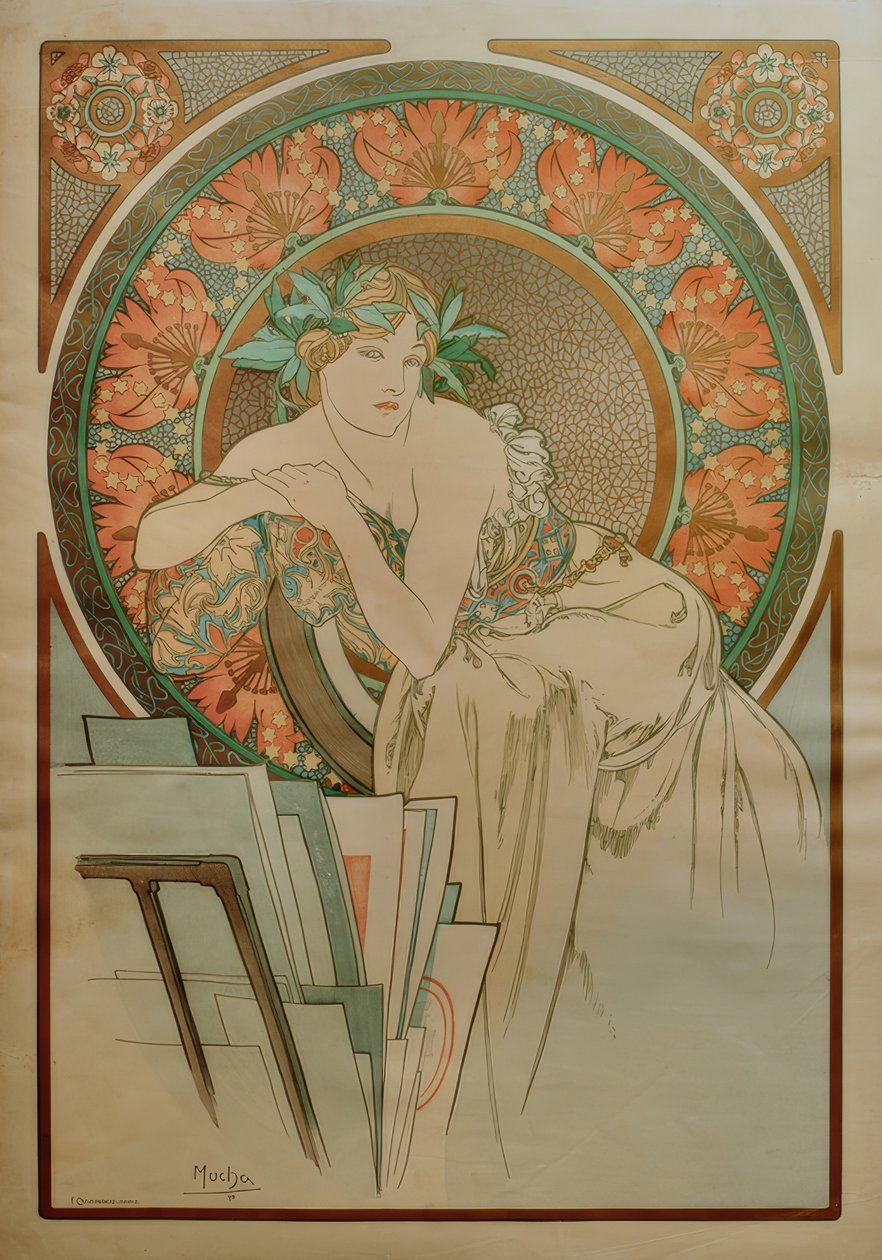 Kobieta z makami i portfolio graficznym autorstwa Alphonse Mucha