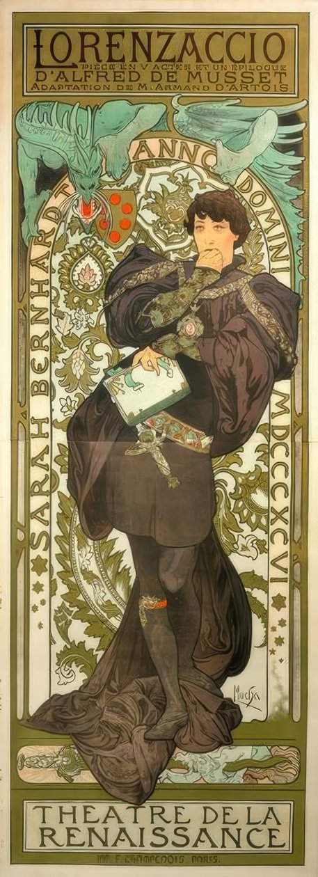 Sarah Bernhardt jako Lorenzaccio autorstwa Alphonse Mucha