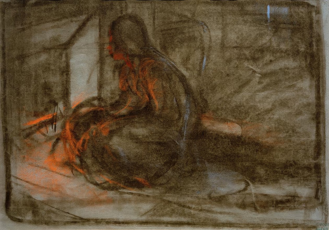 Kobieta siedząca przed ogniem autorstwa Alphonse Mucha