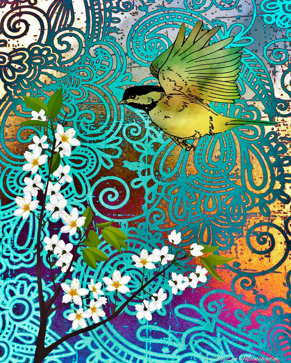 Bird with Cherry Blossoms, 2014, (fonografia cyfrowa mieszana) autorstwa AlyZen Moonshadow