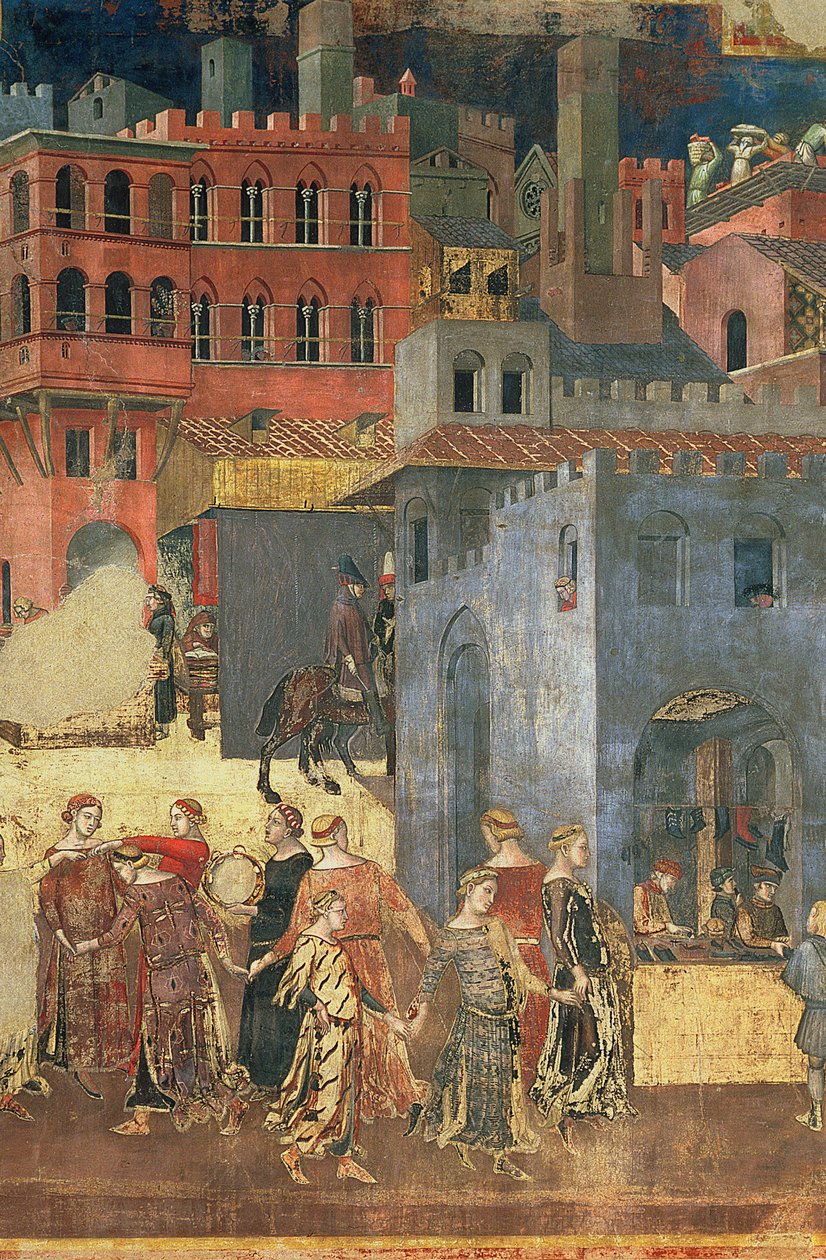 Dobry rząd w mieście, 1338-40 fragment fresku 57868 autorstwa Ambrogio Lorenzetti