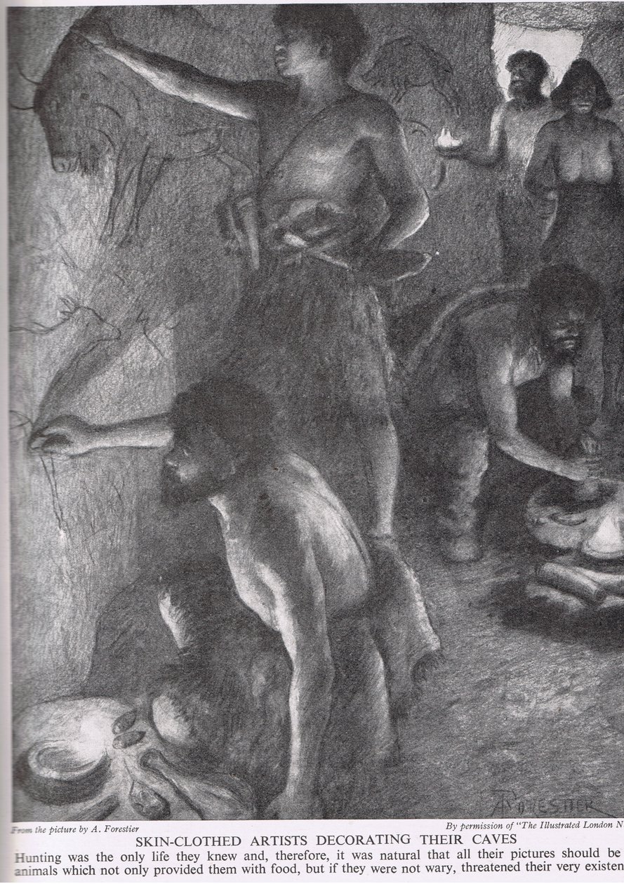 Artyści ubrani w skórę dekorujący swoje jaskinie, ilustracja z „Historii narodu brytyjskiego”, ok. 1950 r. autorstwa Amedee Forestier