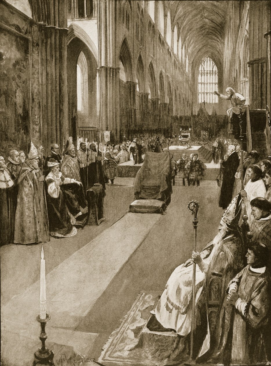 Kazanie wygłoszone przez biskupa Chichester podczas koronacji Marii I, 1 października 1553, z „The Illustrated London News”, 1902 autorstwa Amedee Forestier