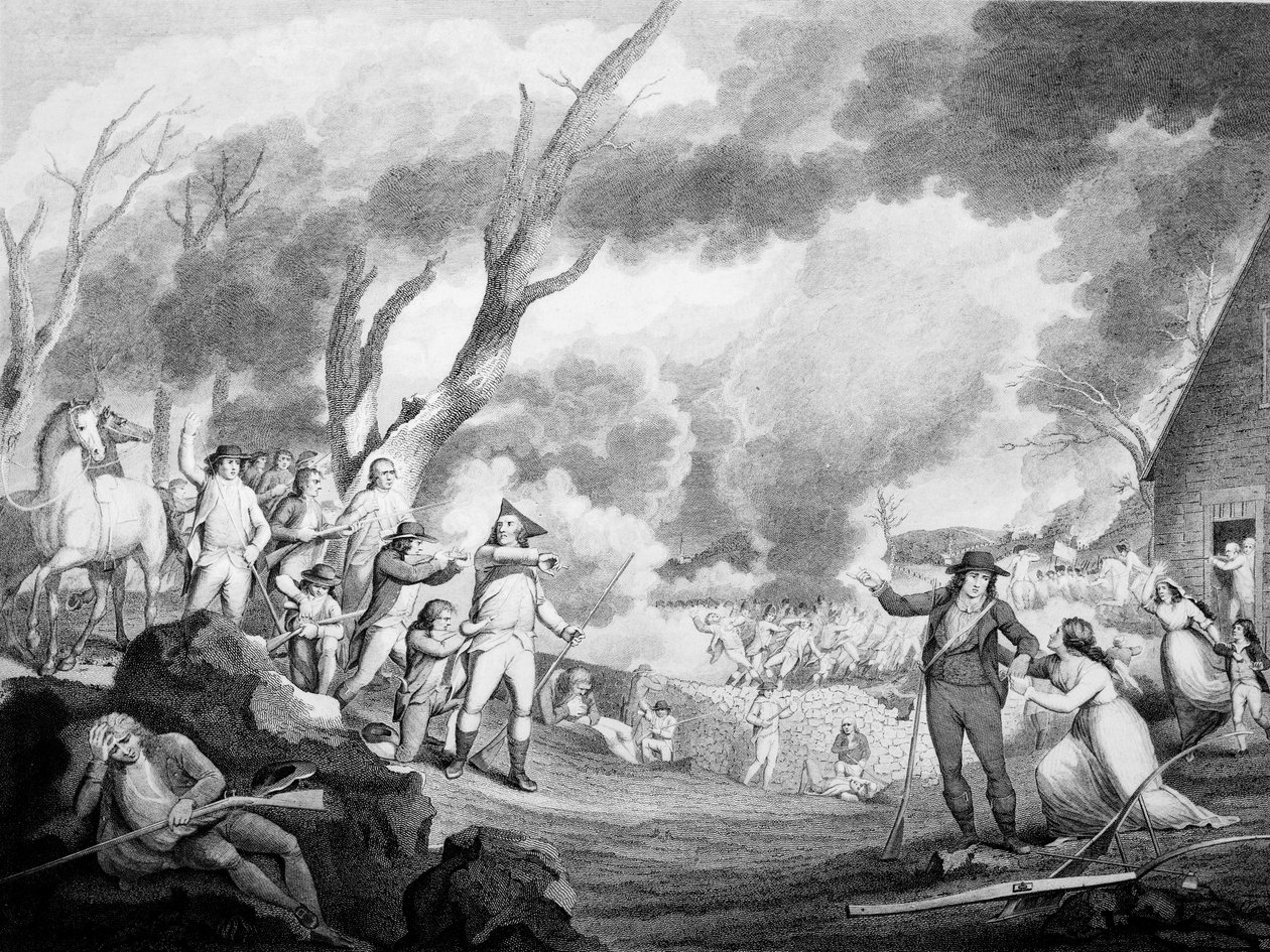 Bitwa pod Lexington, 19 kwietnia 1775, grawerowana przez Corneliusa Tiebouta (ok. 1773-1832) autorstwa American School