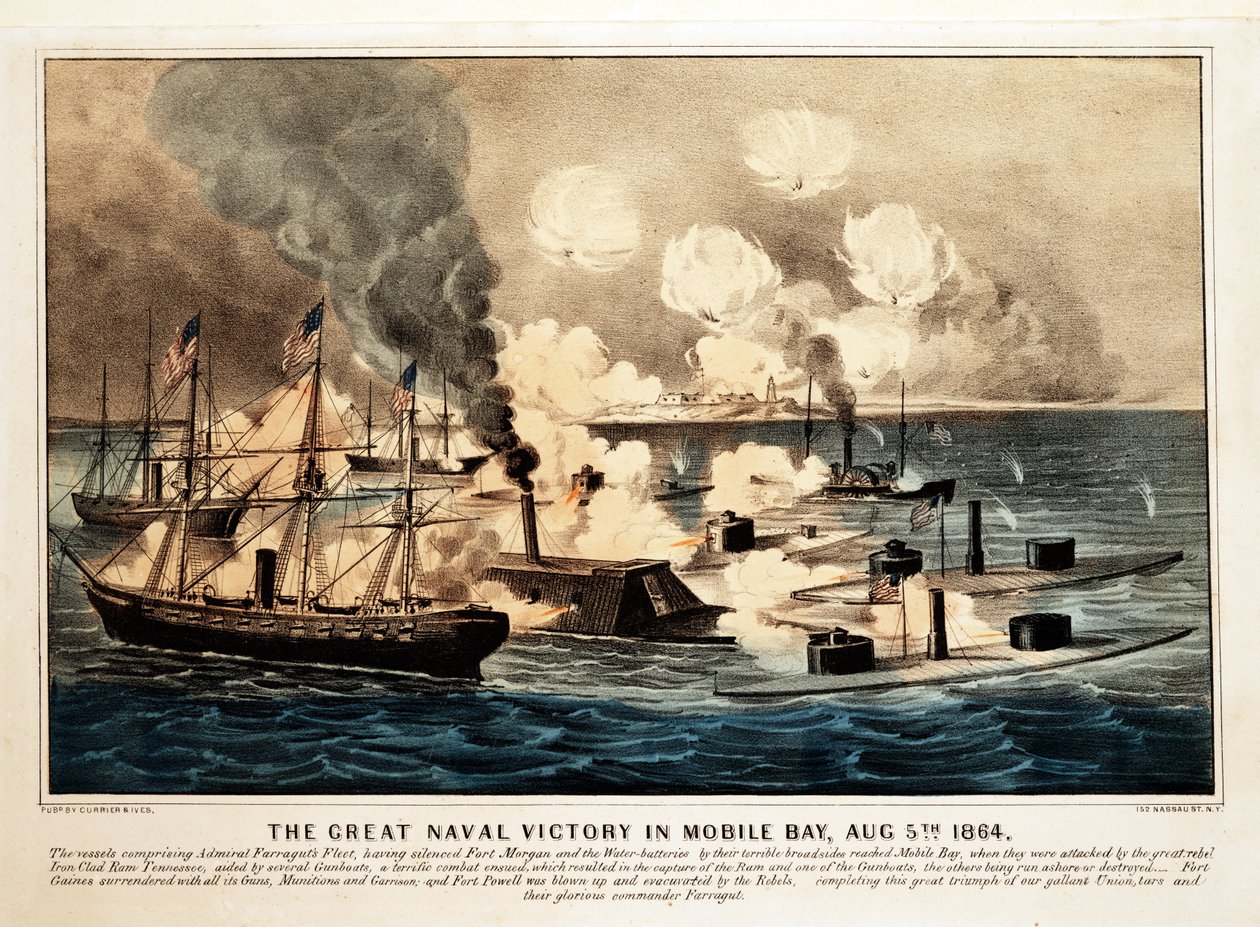 Wielkie zwycięstwo morskie w Mobile Bay, 5 sierpnia 1864, wyd. 1864, Currier & Ives, (litografia kolorowa) autorstwa American School