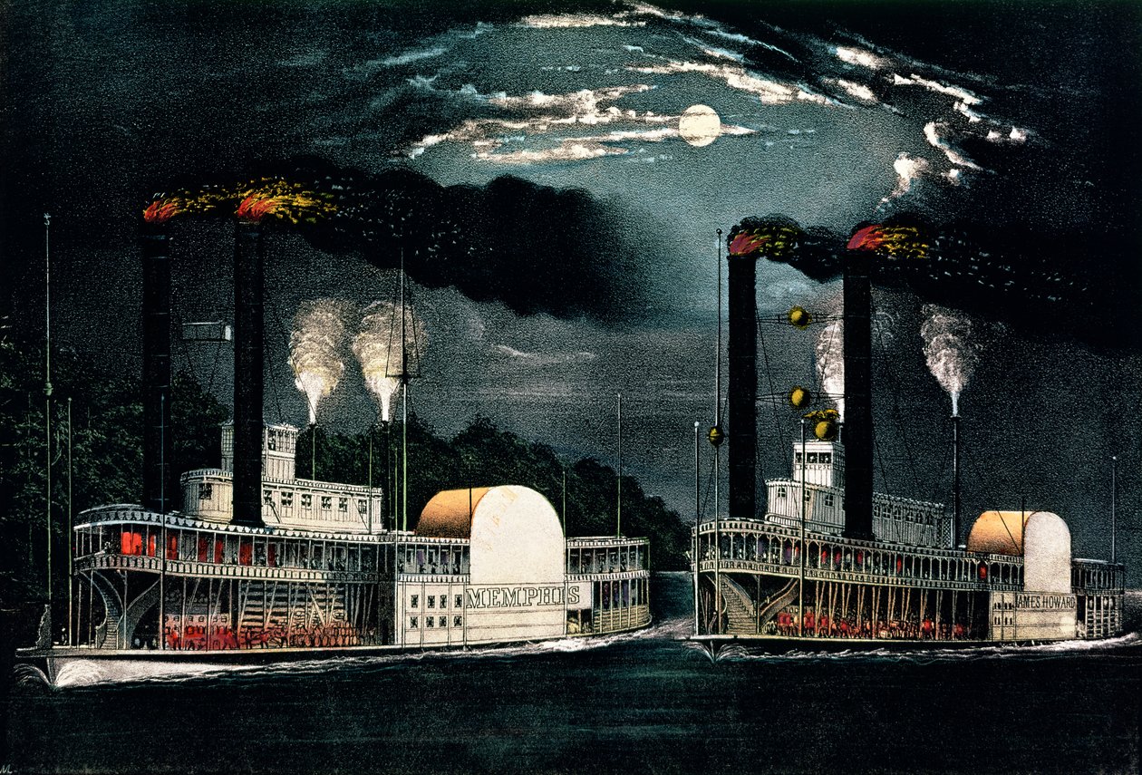Midnight Race on the Mississippi, opublikowany przez Currier i Ives autorstwa American School