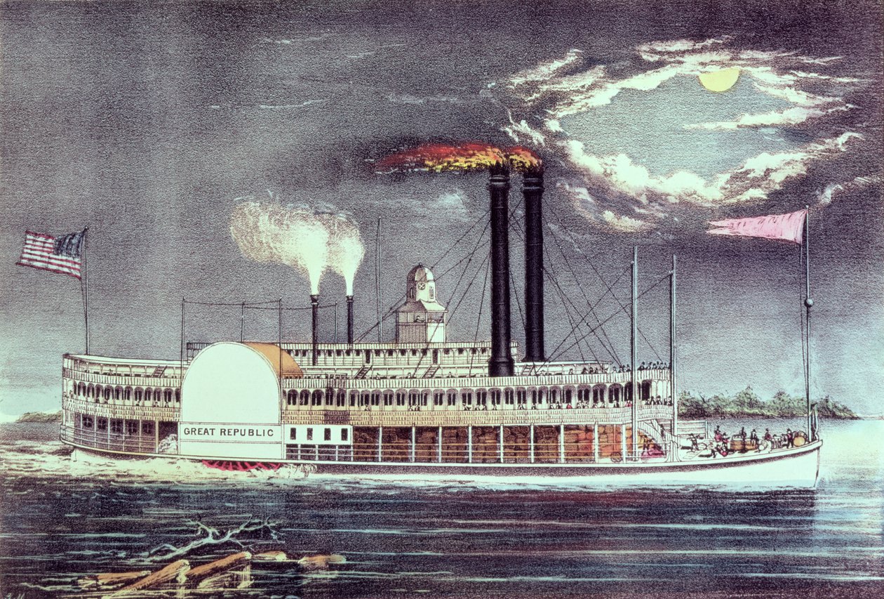 Moonlight on the Mississippi, opublikowane przez Nathaniela Curriera (1813-88) i Jamesa Merritta Ivesa (1824-95) autorstwa American School