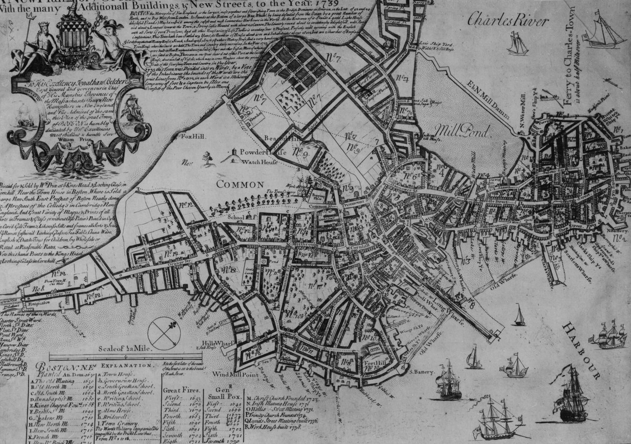 Plan Bostonu, Nowa Anglia, 1739 autorstwa American School