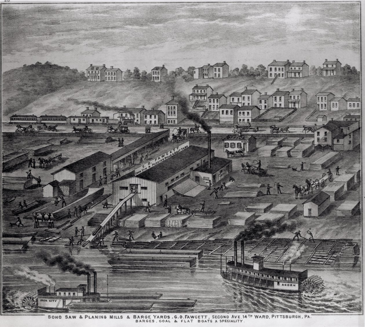 Soho Saw and Planing Mills and Barge Yards, G.O. Fawcett, Second Avenue, 14th Ward, Pittsburgh, PA, z „Illustrated Atlas of the Upper Ohio River”, 1877 autorstwa American School