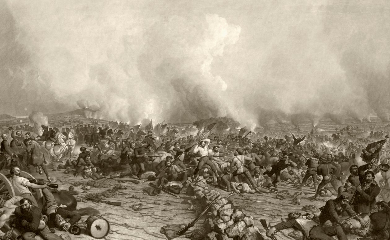 Bitwa pod Gettysburgiem, po XIX-wiecznej rycinie rytowanej przez Johna Sartaina z apinty P.F. Rothermel autorstwa American School