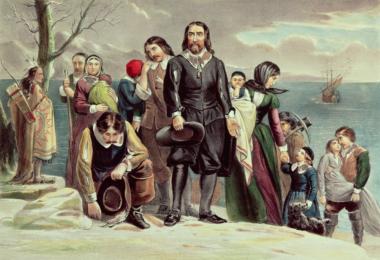 The Landing of the Pilgrims at Plymouth, Massachusetts, 22 grudnia 1620, wydane przez Currier und Ives (patrz także 97927) autorstwa American School