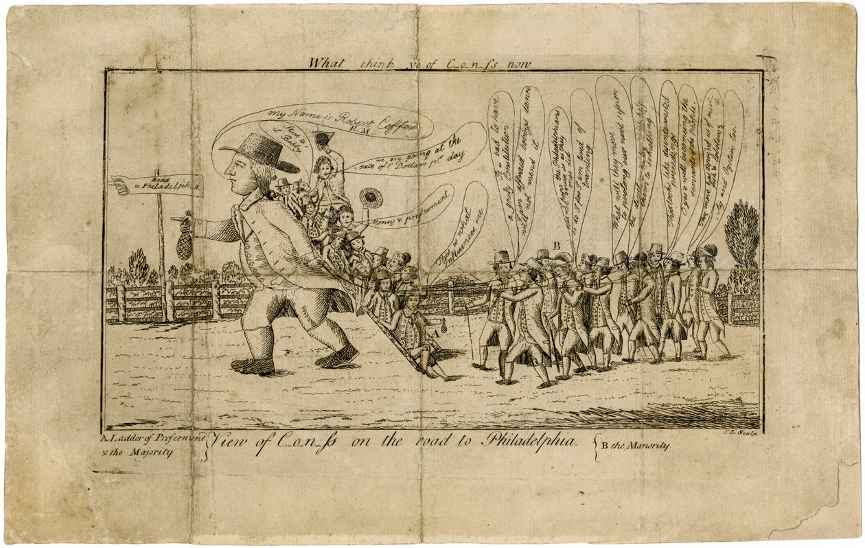 Co myślisz teraz o Kongresie? Widok Kongresu na drodze do Filadelfii A. Drabina Preferencji i Większości – B. Dwór, 1790 autorstwa American School