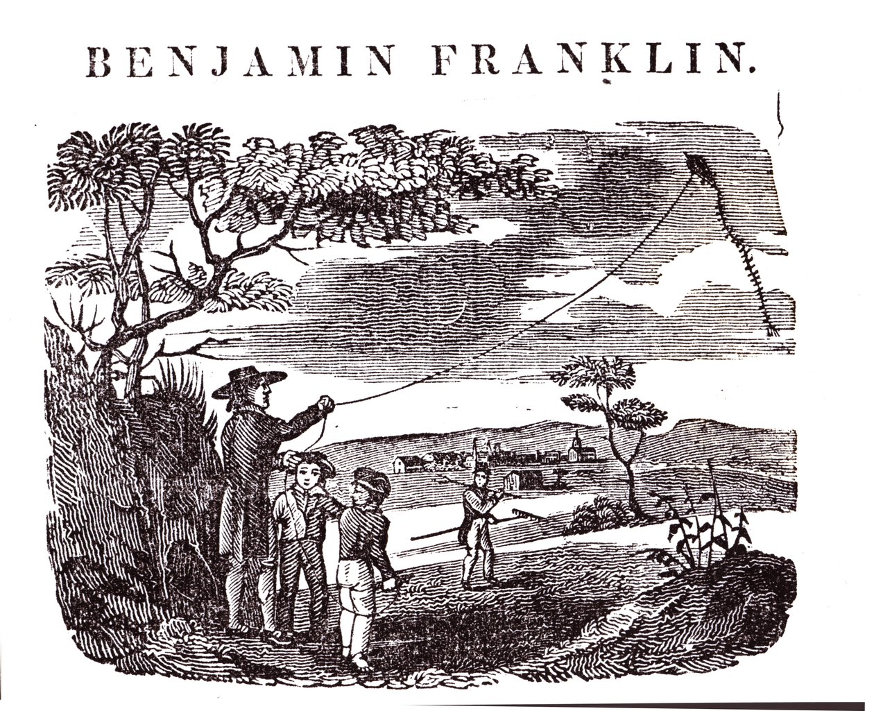 Benjamin Franklin (1706-90) przeprowadza eksperyment z latawcem autorstwa American School