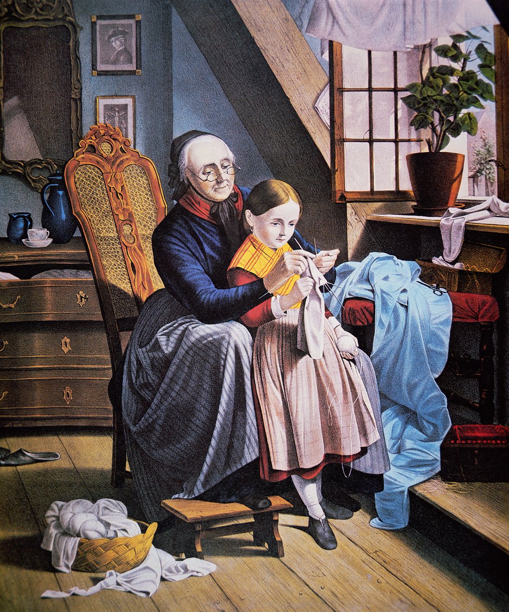 Lekcja robienia na drutach, wydana przez Currier & Ives autorstwa American School