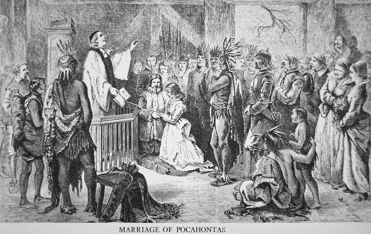 Ślub Pocahontas (ok. 1595-1617) 1614 (rycina) autorstwa American School