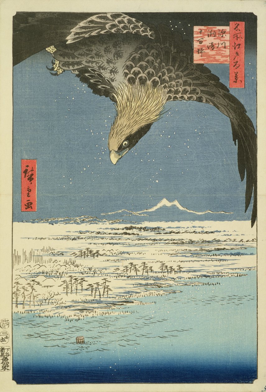 Orzeł Ponad 100 000 akrów równiny w Susaki, Fukagawa („Juman-tsubo”), z serii „100 widoków Edo” („Meisho Edo hyakkei”), wyd. Uoya Eikichi, 1857, (kolorowy drzeworyt) (patrz 65424 ) ) autorstwa Utagawa Hiroshige