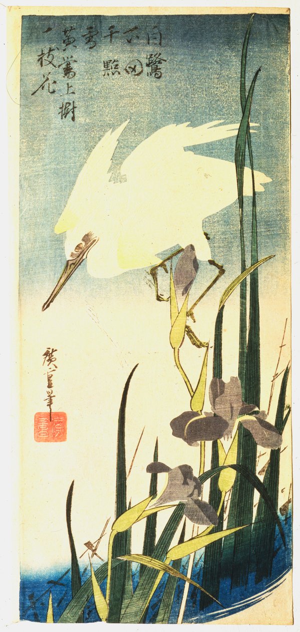 Czapla Biała i Irysy, 1833 autorstwa Ando Hiroshige