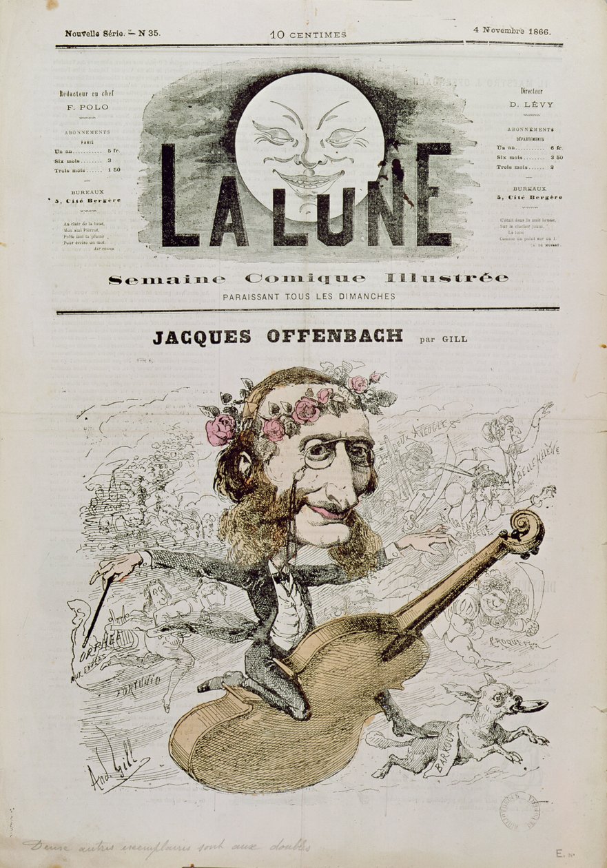 Przednia okładka „La Lune”, z karykaturą Jacquesa Offenbacha (1819-80) 4 listopada 1866 autorstwa Andre Gill