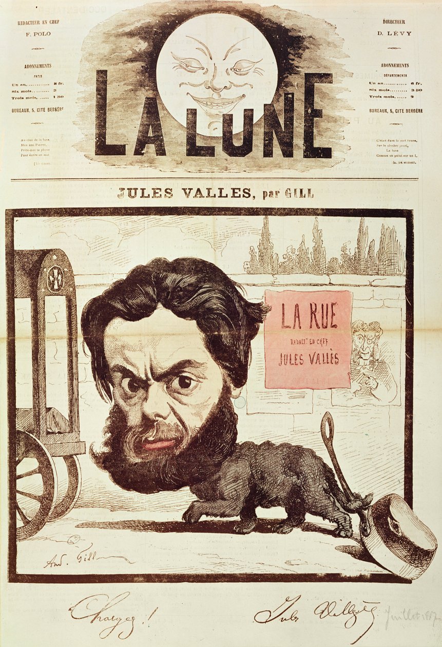 Strona tytułowa „La Lune”, z karykaturą Julesa Vallesa i jego czasopisma „La Rue”, Paryż, lipiec 1867 (litografia kolorowa) autorstwa Andre Gill