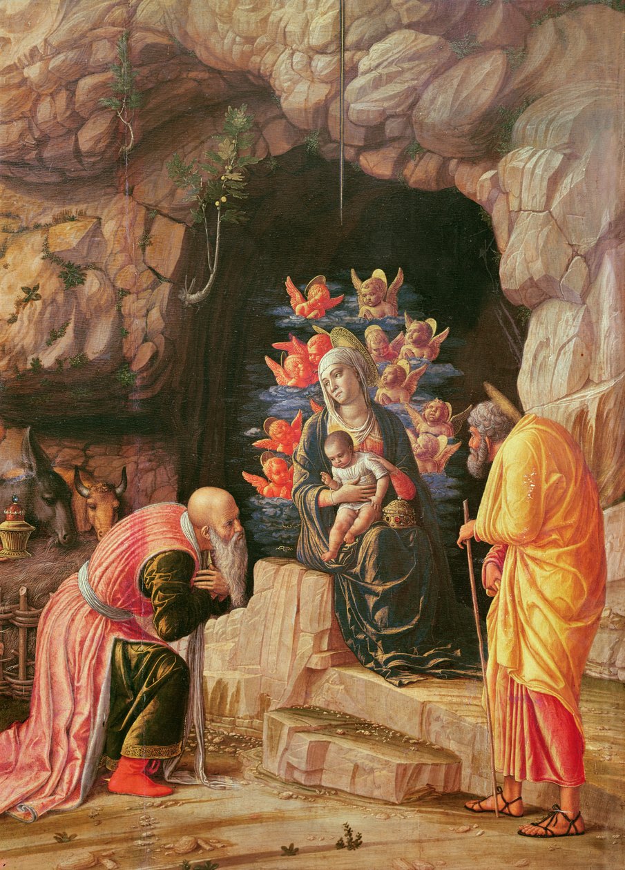 Adoracja tryptyku Trzech Króli, fragment adoracji: Dziewica, Święty Józef i Mędrzec, ok. 1466, (tempura na desce) autorstwa Andrea Mantegna