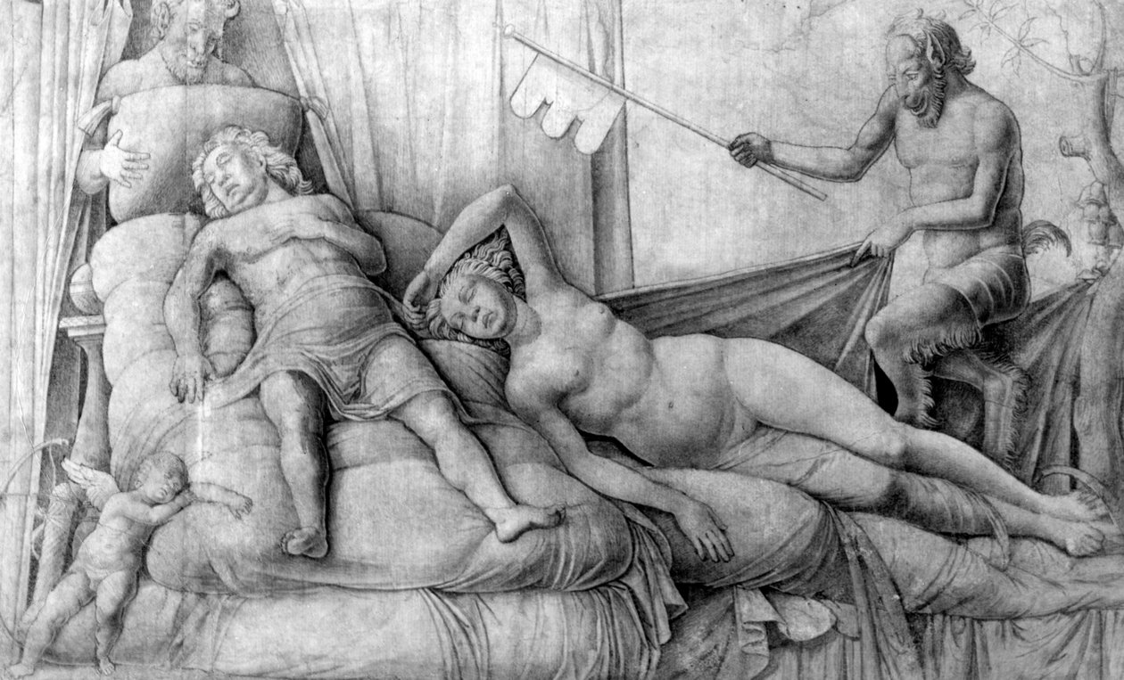 Хайрын бурхан, Сатирсполи нартай унтаж буй нүцгэн эмэгтэй autorstwa Andrea Mantegna