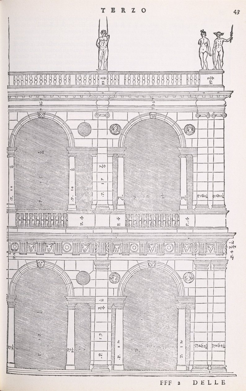 Fragment elewacji bazyliki w Vicenzy, ilustracja z faksymile I Quattro Libri dellArchitettura autorstwa Palladio, pierwotnie wydana 1570 autorstwa Andrea Palladio