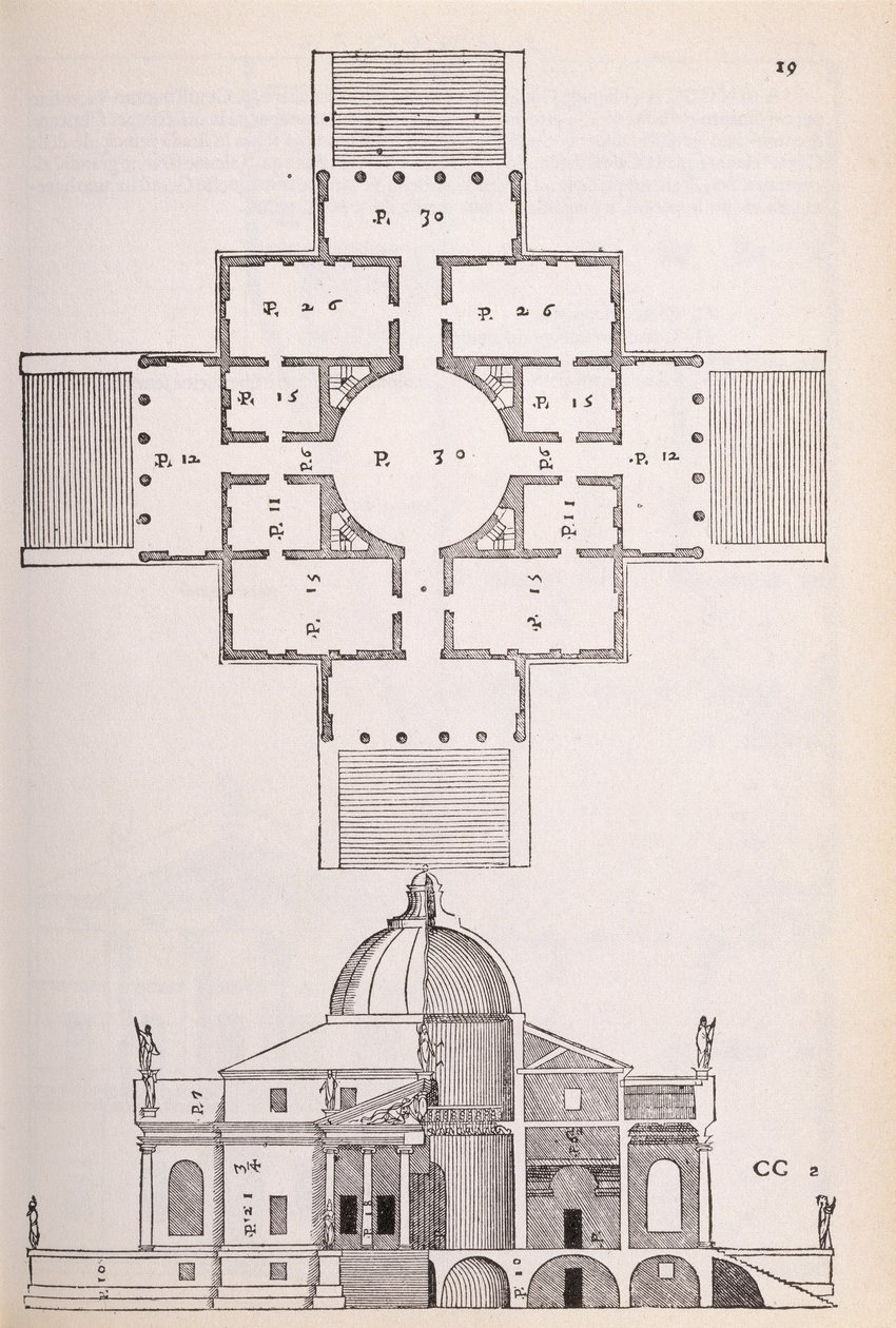 Plan i przekrój Villa Rotunda, ilustracja z faksymile egzemplarza „I Quattro Libri dell