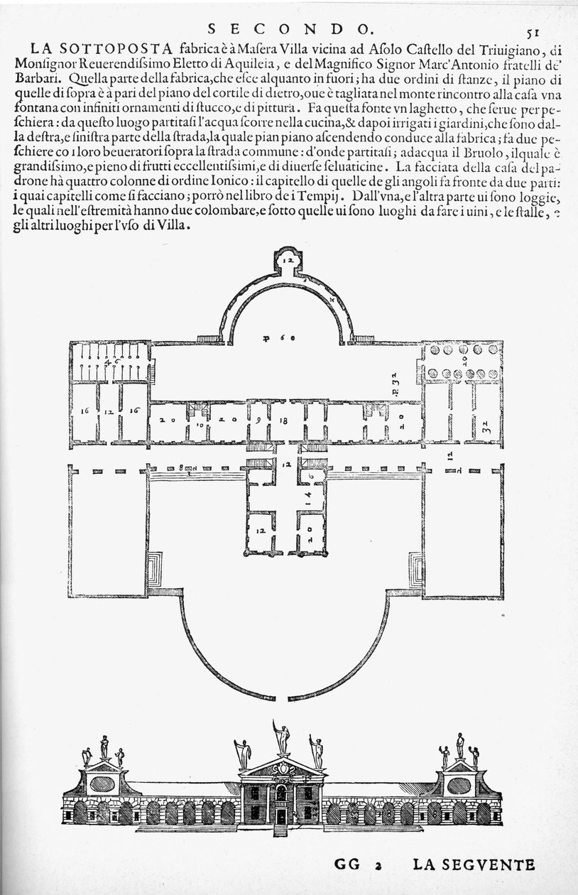 Plan i elewacja Villa Barbaro, Maser, ilustracja z faksymile egzemplarza „I Quattro Libri dell