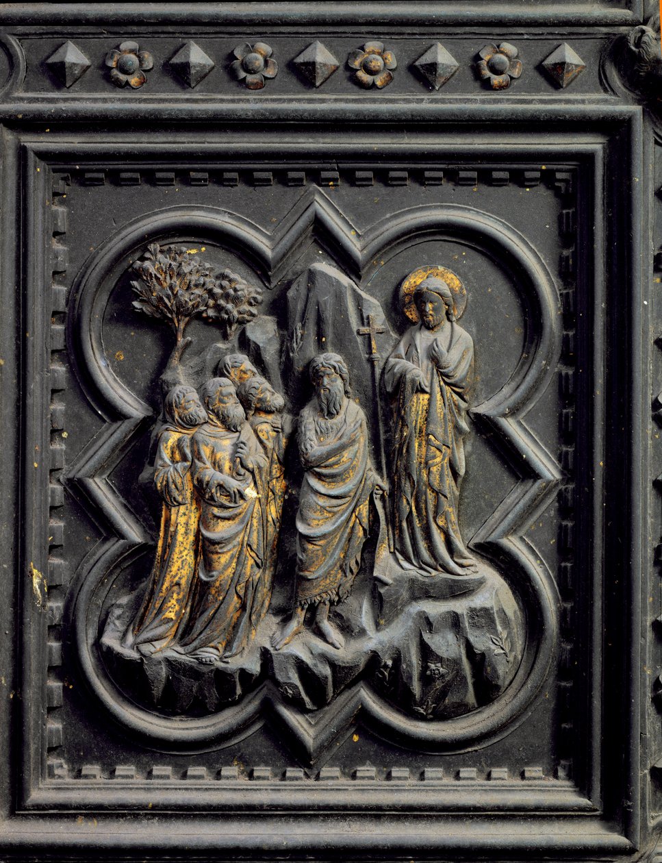 Św. Jan Chrzciciel zapowiada Chrystusa, ósmy panel południowych drzwi baptysterium San Giovanni, 1336 (brąz) autorstwa Andrea Pisano