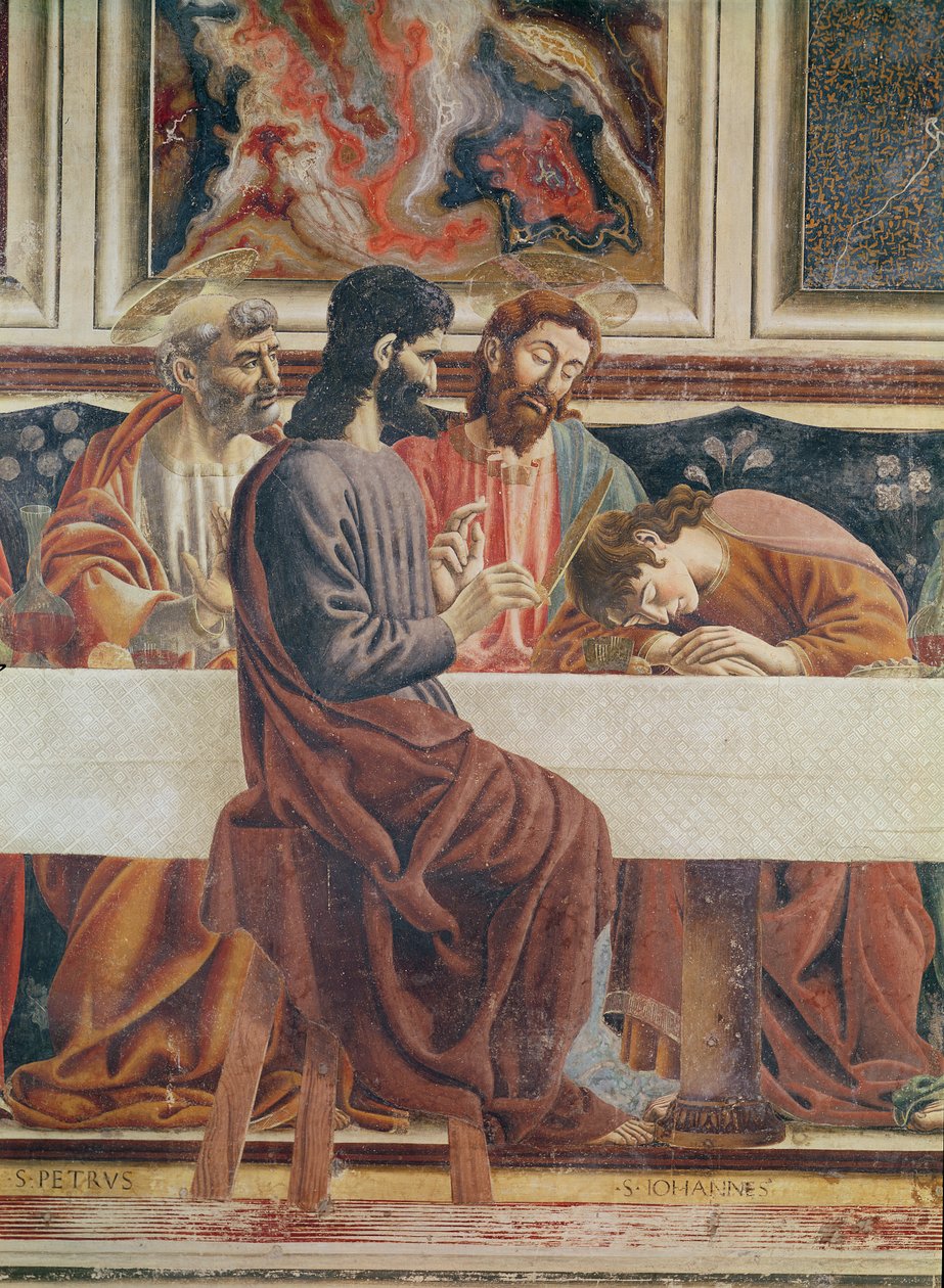 Ostatnia Wieczerza, fragment św. Jana, św. Piotra, Jezusa i Judasza, 1477 (detal z 85172) autorstwa Andrea del Castagno