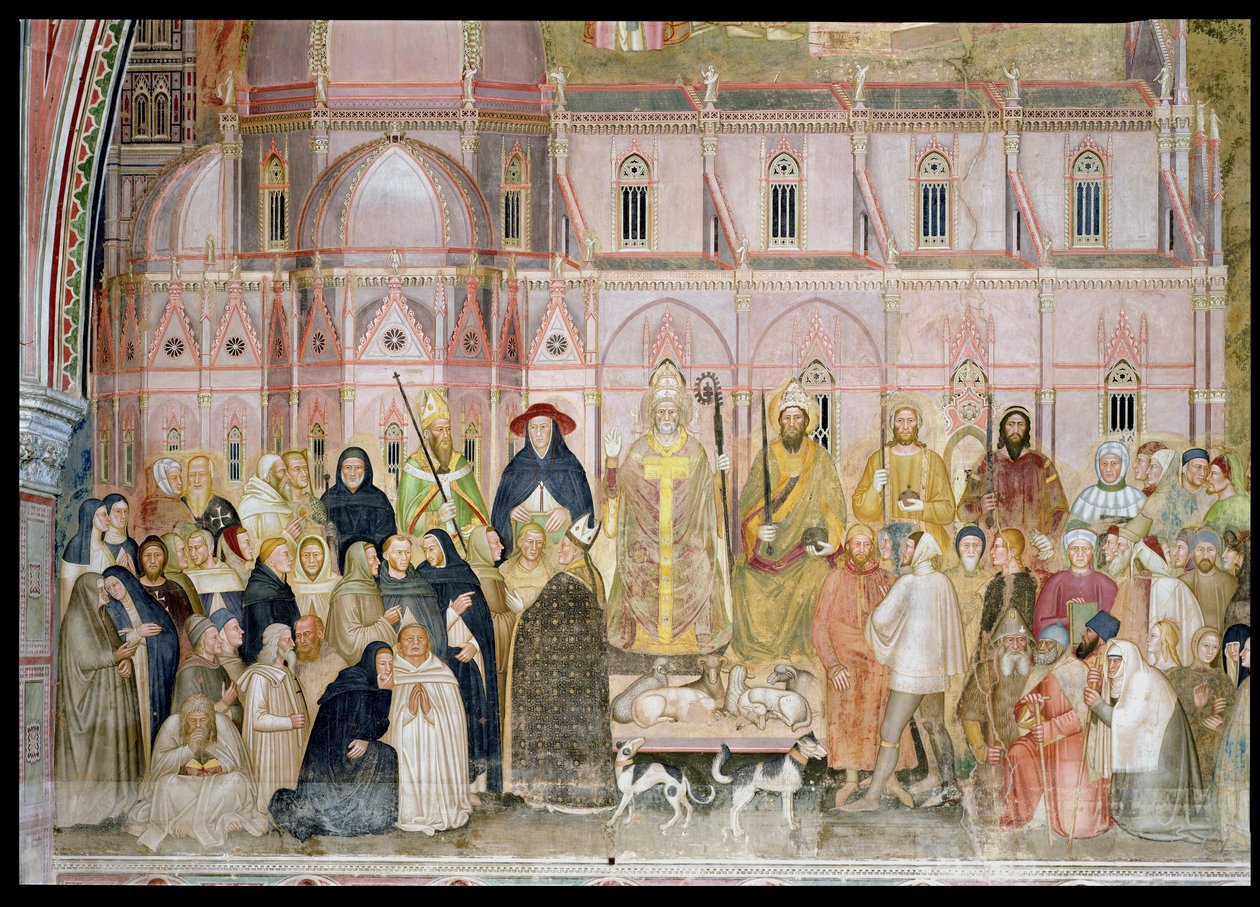 Kościół wojujący i triumfujący, fragment władz świeckich z Santa Maria del Fiore w tle, z kaplicy hiszpańskiej, ok. 1369, fragment fresku z 31612 autorstwa Andrea di Bonaiuto