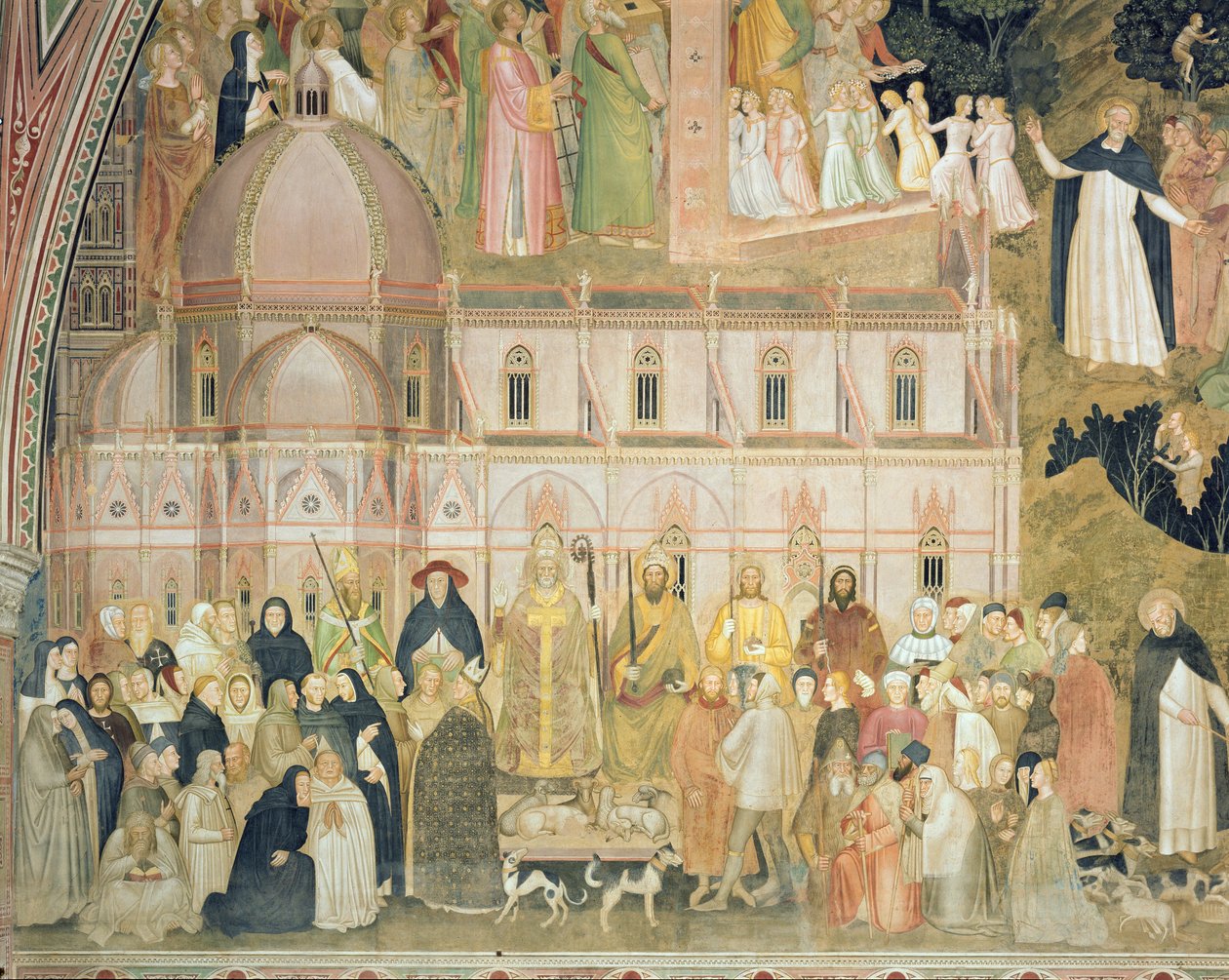 Kościół wojujący i triumfujący, fragment władz świeckich z Santa Maria del Fiore w tle, z kaplicy hiszpańskiej, ok. 1369, fragment fresku z 31612 autorstwa Andrea di Bonaiuto