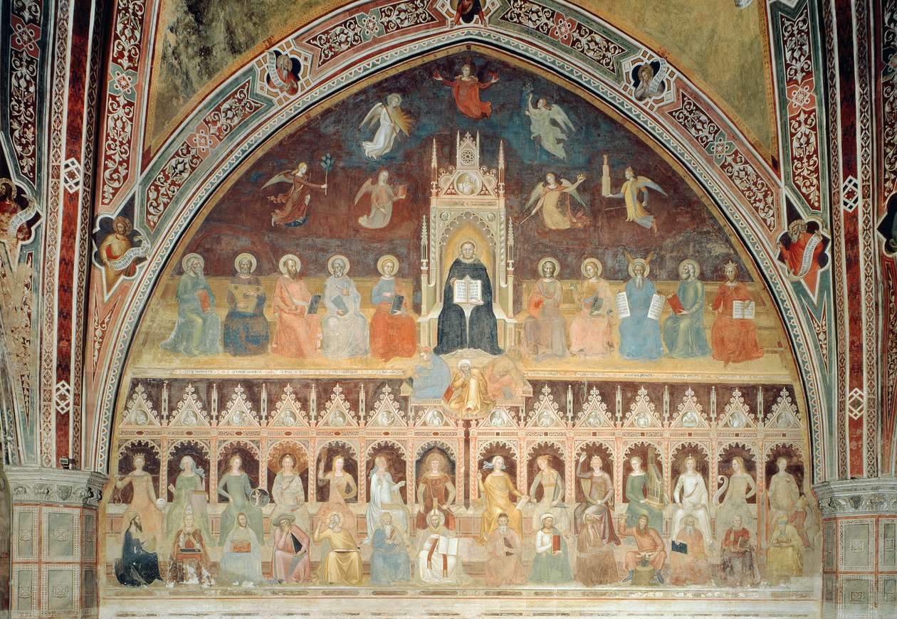 Tomasza z Akwinu, z kaplicy hiszpańskiej, ok. 1365 r. "Triumf doktryny katolickiej". autorstwa Andrea di Bonaiuto