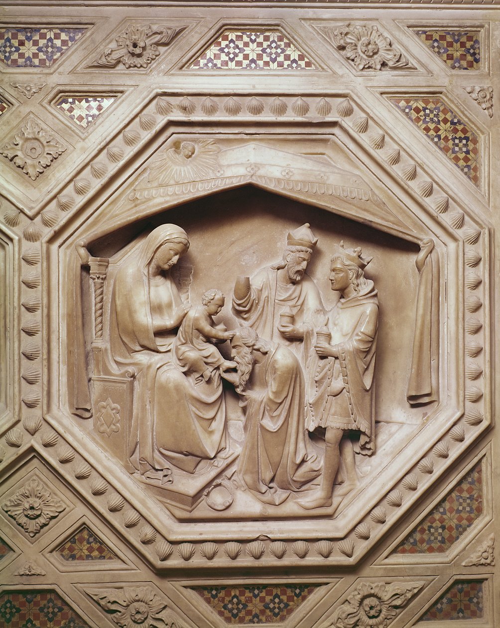 Pokłon Trzech Króli, fragment podstawy Przybytku, 1349-59 (marmur) autorstwa Andrea di Cione Orcagna