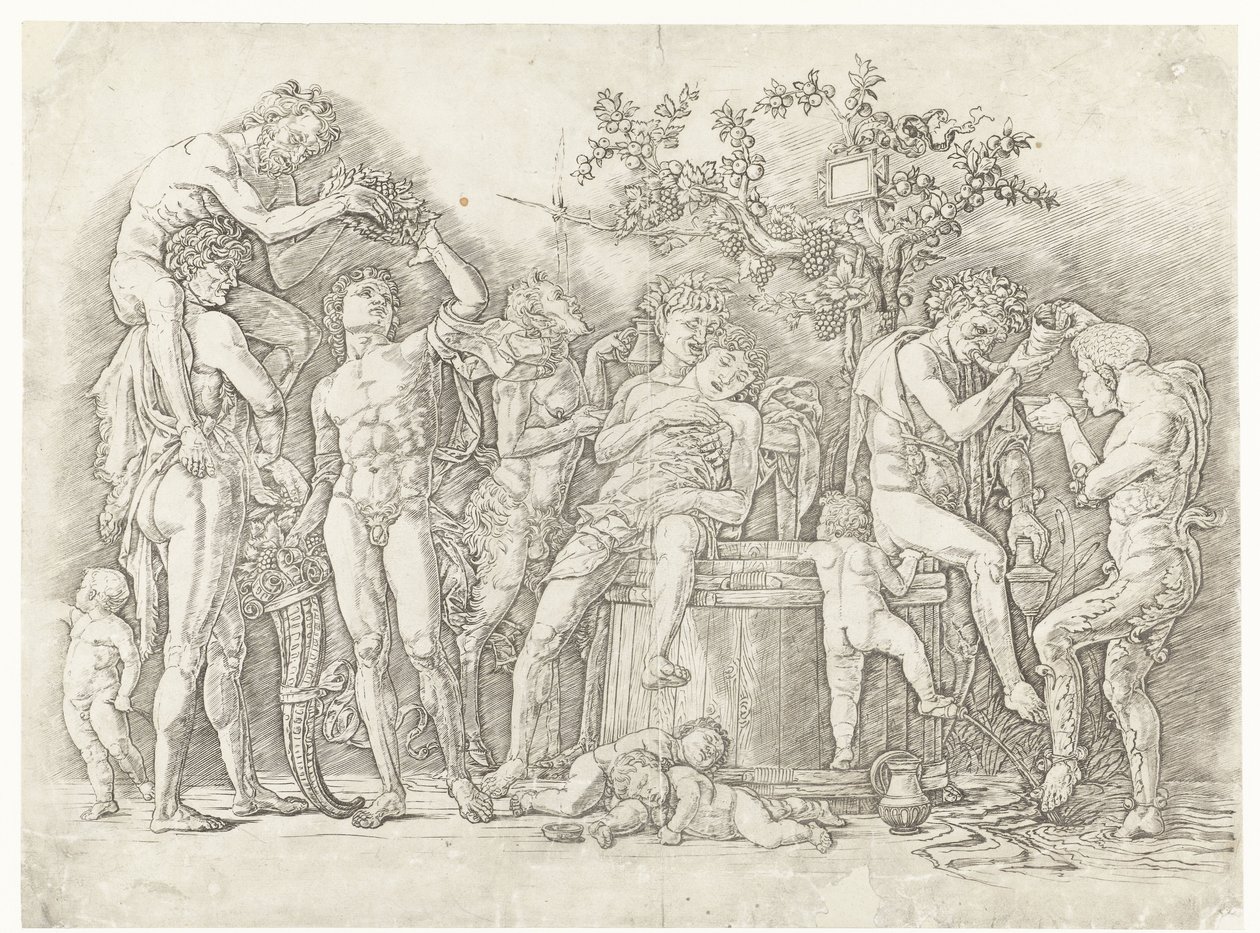 Bachanalia z satyrami i bachantkami w winiarni autorstwa Andrea Mantegna