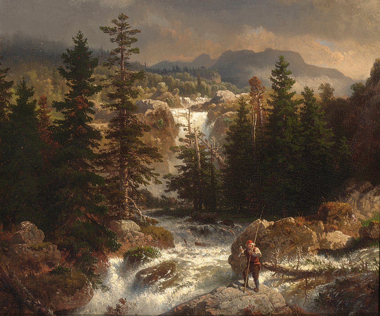 Rybak sprawdza swój połów na potoku autorstwa Andreas Achenbach