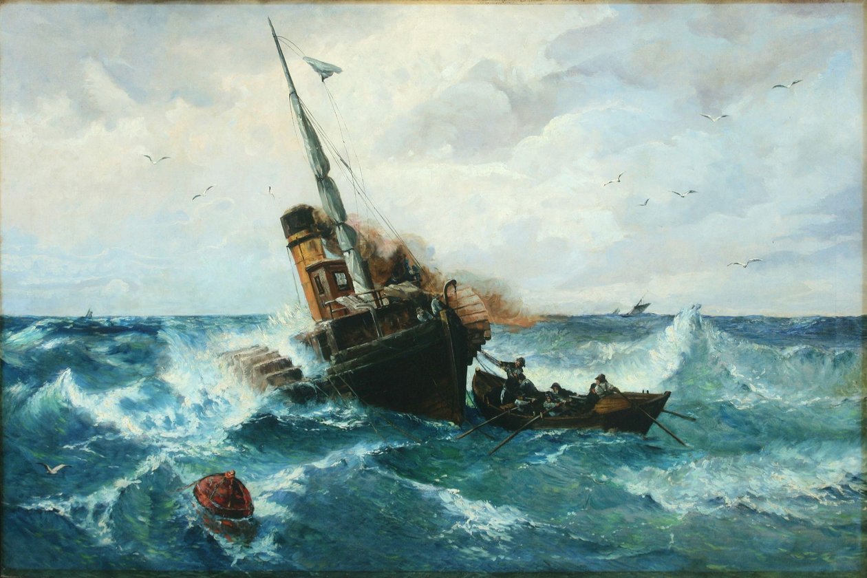 Parowiec wiosłowy na wzburzonych morzach autorstwa Andreas Achenbach