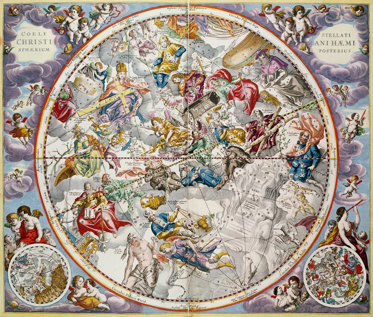 Mapa chrześcijańskich konstelacji według Juliusa Schillera z „Atlasu niebieskiego, czyli harmonii wszechświata” (Atlas coelestis seu harmonia macrocosmica) wyd. Joannes Janssonius, A autorstwa Andreas Cellarius