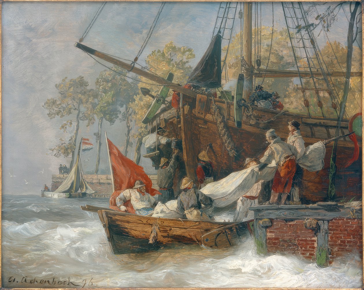 Wejście do portu, gdy morze jest wzburzone autorstwa Andreas Achenbach