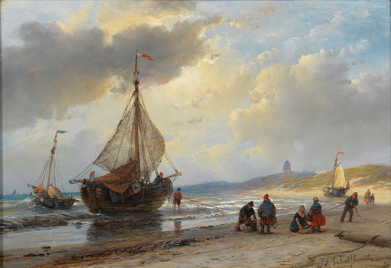 Zgiełk na plaży w Scheveningen autorstwa Andreas Schelfhout