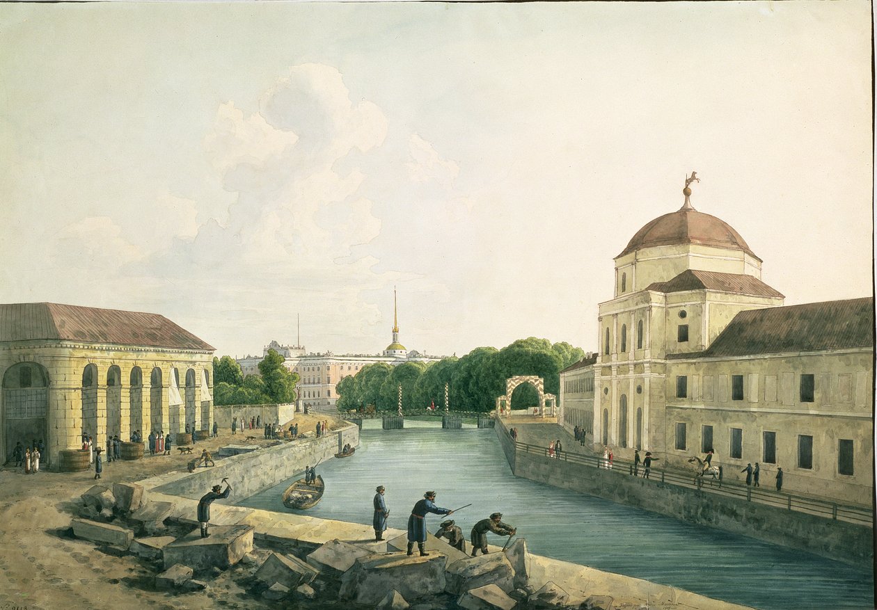 Widok na rzekę Moika przy Imperial Stables, 1809 (toaleta i atrament) autorstwa Andrei Yefimovich Martynov