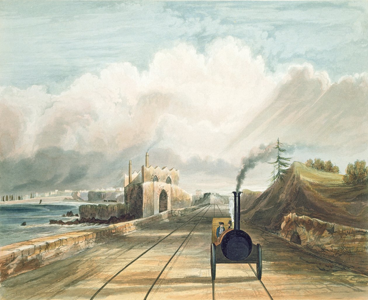 Dublin i Kingstown Railway: z kładki w Sea Point Hotel, patrząc w kierunku Salt Hill, Kingstown Harbor w oddali, grawerowane przez J. Harrisa, 1834 autorstwa Andrew Nicholl