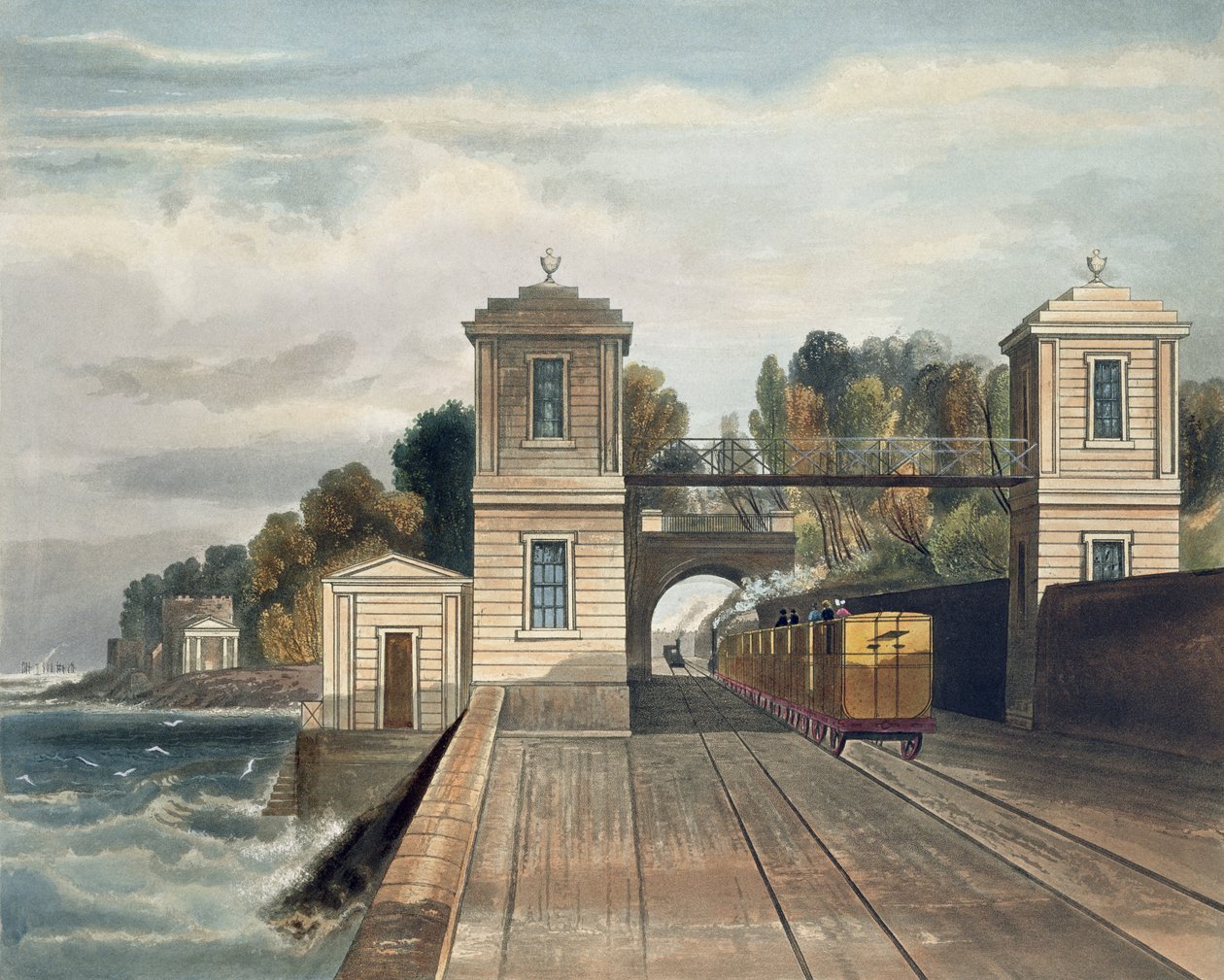 Dublin i Kingstown Railway: Granitowe pawilony i wejście do tunelu w Lord Cloncurry Demesne of Maritimo w pobliżu Blackrock, Kingstown Harbor w oddali, grawerowane przez S.G. Hughesa, 1834 autorstwa Andrew Nicholl