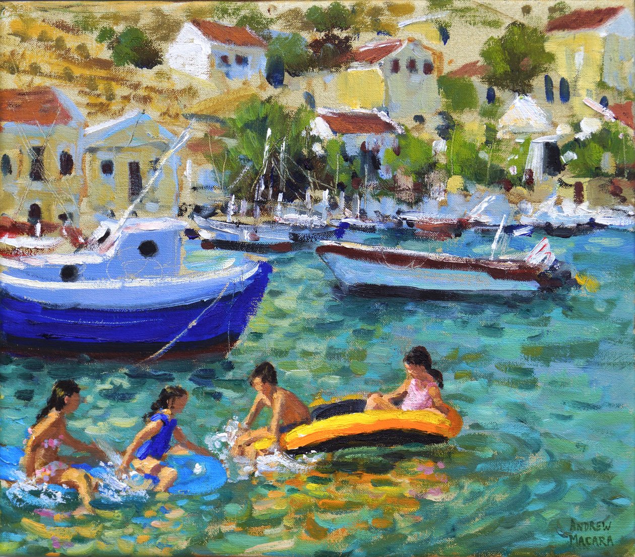 Zabawa na pontonach,Symi,Grecja autorstwa Andrew Macara