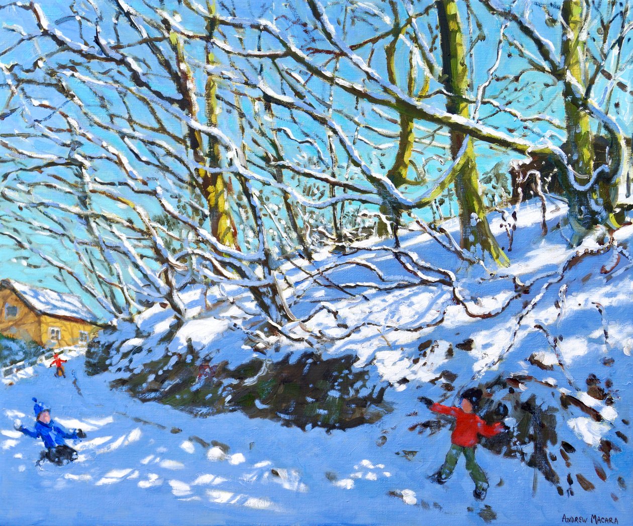 Snowballing, Upper Hulme, Staffordshire, 2020, (olej na płótnie) autorstwa Andrew Macara