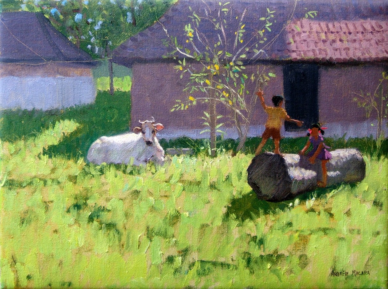 BIAŁA KROWA I DWA DZIECI, WYSPA MANKOTTA, KERALA, INDIE autorstwa Andrew Macara