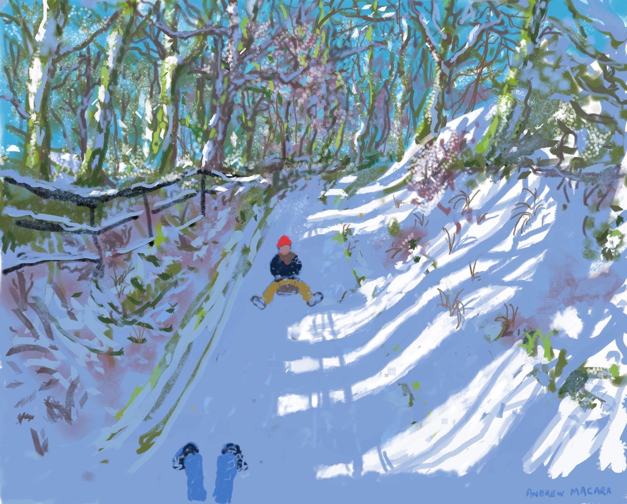 Malowanie iPada, jazda na sankach, Windley Lane, Idridgehay, Belper, 2021, dostępne odbitki. autorstwa Andrew Macara