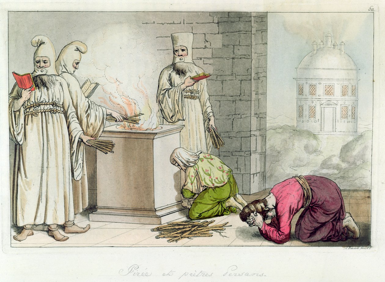 Stos z perskimi kapłanami, ilustracja z „Il Costumo Antico e Moderno” Giulio Ferrario, Mediolan, 1819-1834 autorstwa Angelo Biasioli