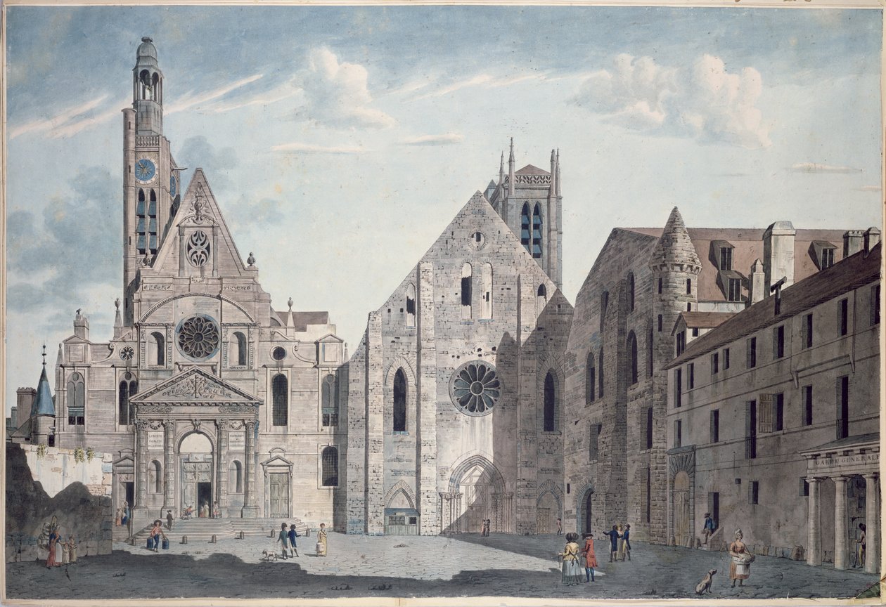 Fasady kościołów św. Genowefy i św. Etienne du Mont, Paryż, ok. 1800 (pióro i atrament i wc na papierze) autorstwa Angelo Garbizza