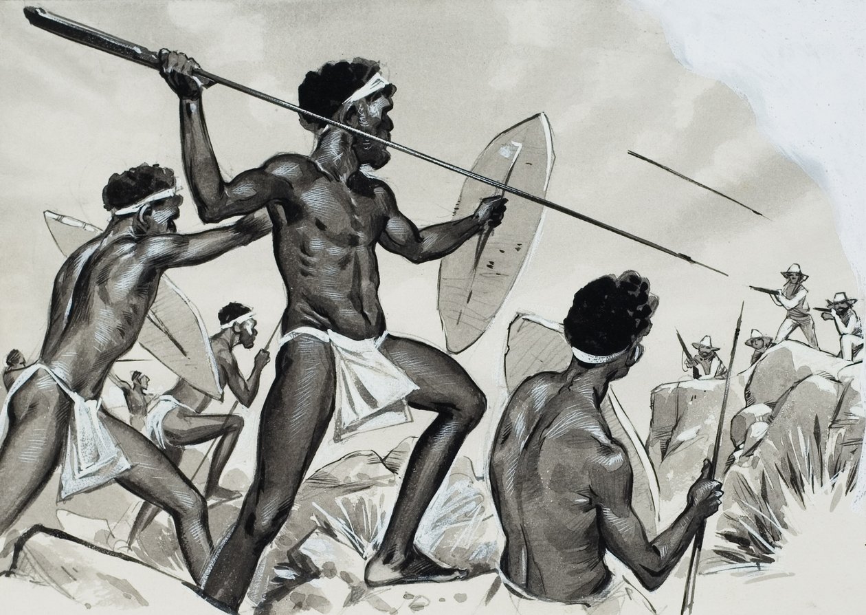 Aborygeni atakowani (gwasz na papierze) autorstwa Angus McBride